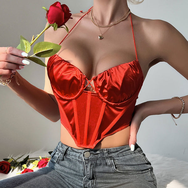 Polished Ruched Sweetheart Sheer Mesh Satin Crop Corset Top - Orange R –  Trendy & Unique