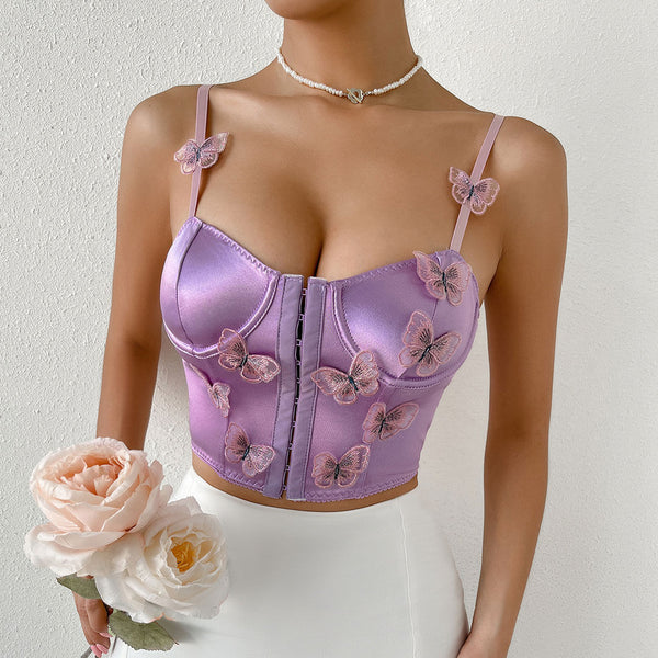 Sexy Butterfly Applique Hook and Eye Silky Satin Corset Top - Purple