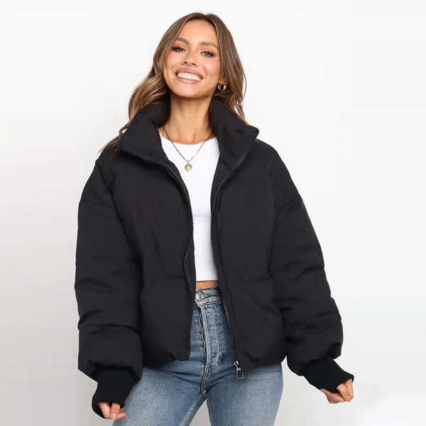 Oversized Stand Collar Side Pocket Zip Front Long Sleeve Puffer