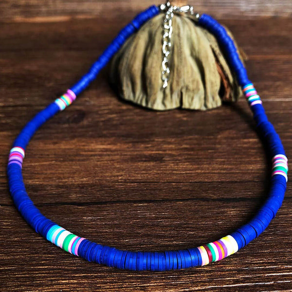 Boho Beach Style Mixed Color Bead Embellished Necklace - Royal Blue