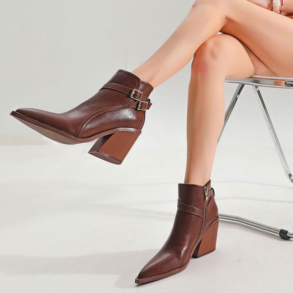 Chelsea Style Pointed Buckle Strap Block Ankle Boots - Dark Brown