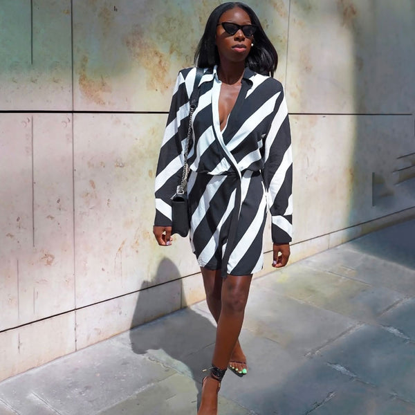 Chic Diagonal Stripe Print Shoulder Pad Deep V Collared Wrap Mini Dress - Black