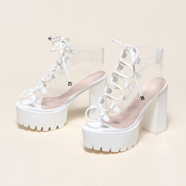 Chic PVC Lace Up Peep Toe Lug Sole Chunky High Heel Platform Boots - White