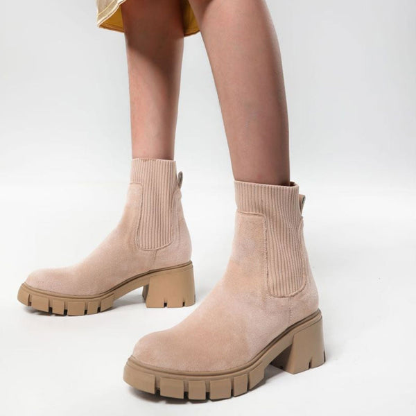 Classic Round Toe Lug Sole Suede Knit Sock Ankle Boots - Apricot
