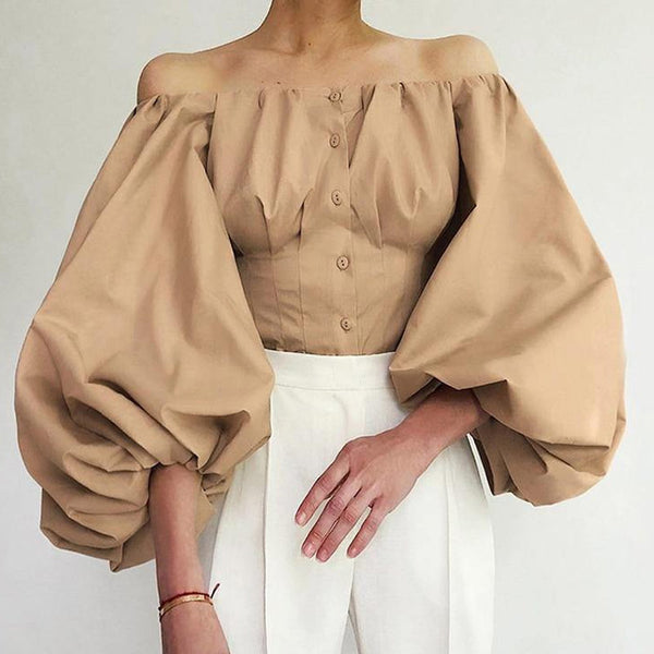 Exaggerated Balloon Sleeve Off Shoulder Blouse - Khaki