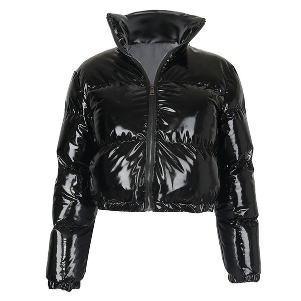 ☆【LAFUDGESTORE】☆GLOSSY DOWN CROPPED PUFFER PADDIN.G☆ Glossy High Neck Long Sleeve Cropped Down Puffer Coat