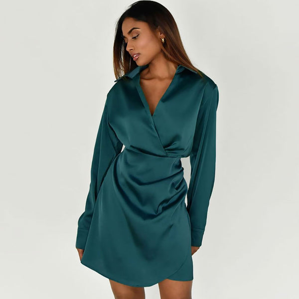Glossy Satin Ruched Spread Collar V Neck Long Sleeve Shirt Mini Dress - Teal Green