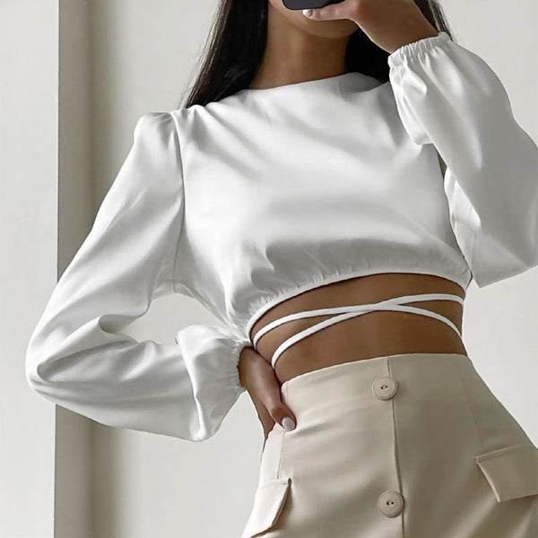 Glossy Satin Tie String Long Sleeve Crew Neck Wrapped Crop Top