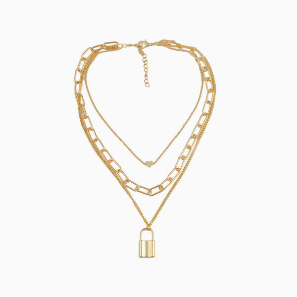 Gold Lock Pendant Chain-Link Layered Necklace - Gold