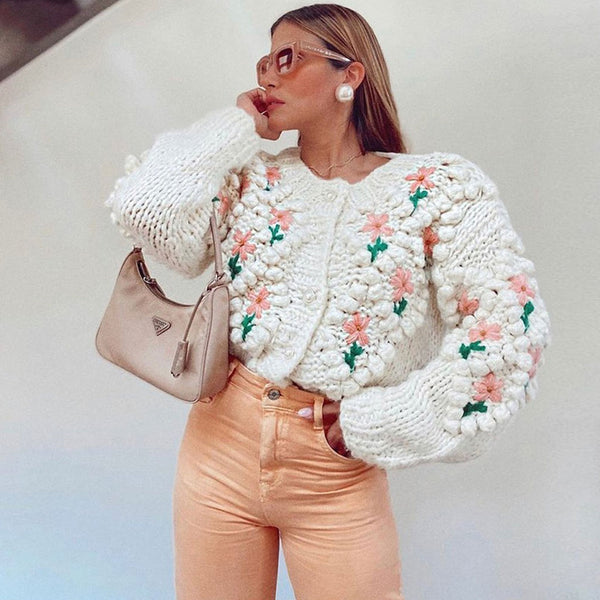 Oversized Long Sleeve Button Up Crochet Floral Cardigan - Apricot – Trendy  & Unique
