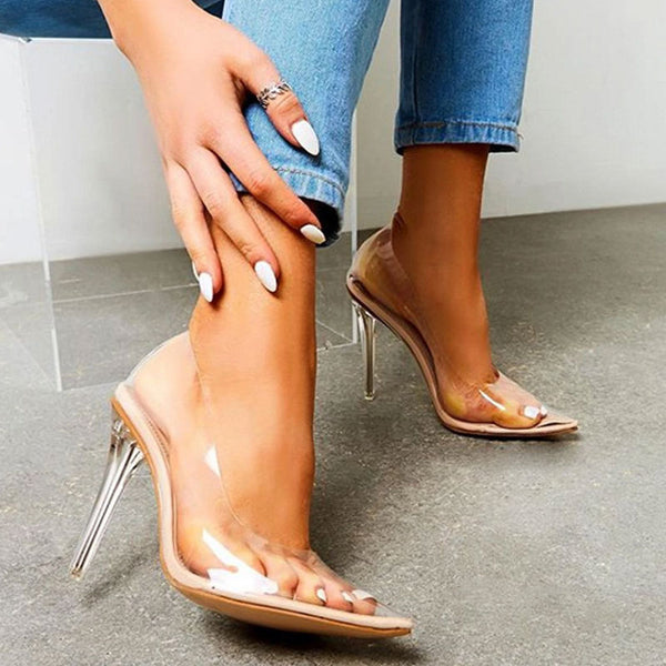 Powerful Transparent Pointed Toe High Heel Suede Trim Pumps - Apricot