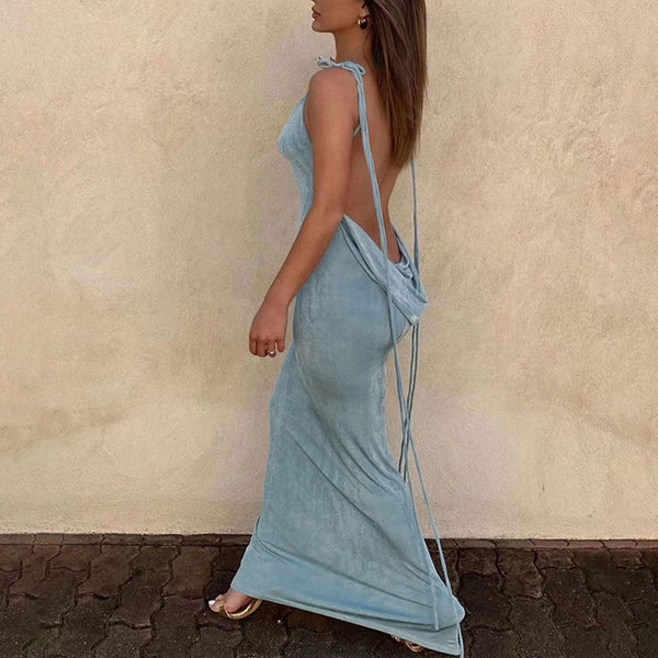 Buy DRAPED BACKLESS FISHTAIL BLUE MAXI DRESS for Women Online in India