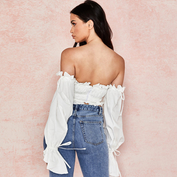 Off the shoulder long sleeve ruffle crop to online