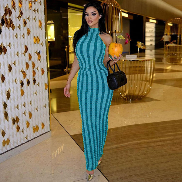 Sexy Popcorn Striped High Neck Sleeveless Bodycon Maxi Dress Blue