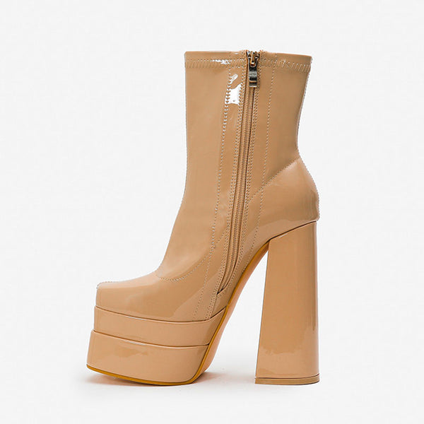 Solid Color Patent Leather Chunky High Heel Platform Ankle Boots