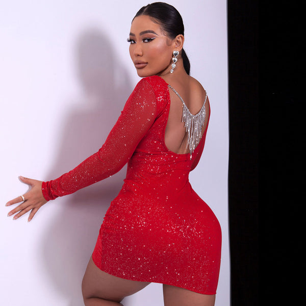 Sparkly Rhinestone Tassel Boat Neck Open Back Party Mini Dress Red Trendy Unique