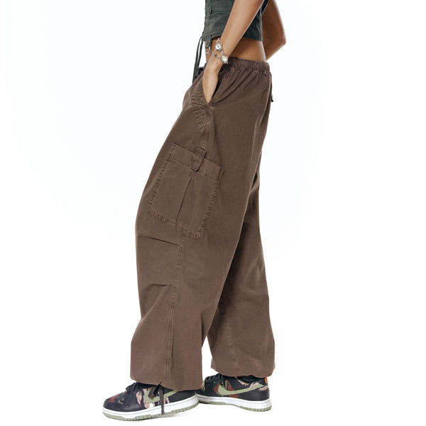 Street Style Drawstring Multi Pocket Wide Leg Baggy Cargo Pants - Brown