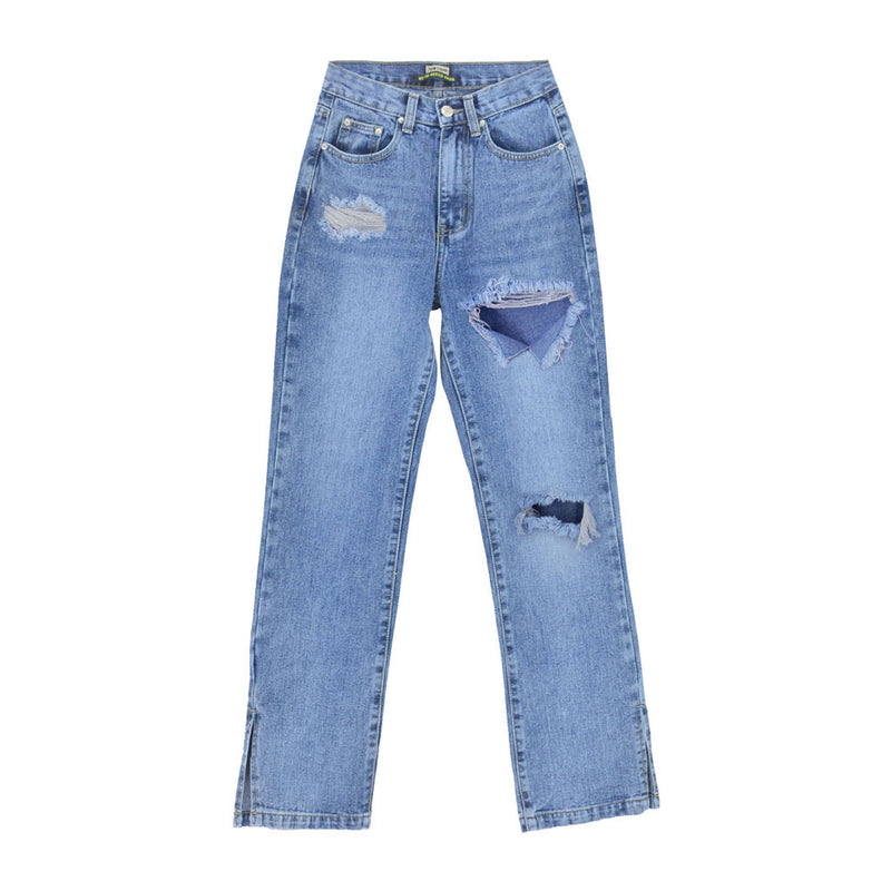 Trendy Cut Out High Waist Side Slit Wide Leg Jeans - Blue