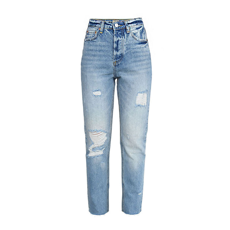 Vibrant Cut Out Faded Frayed Straight Leg Jeans - Light Blue