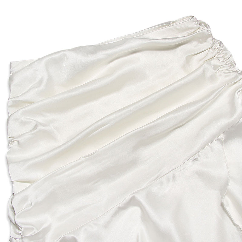 Asymmetric Satin Ruched Side Zipper Drop Waist Midi Skirt - Beige