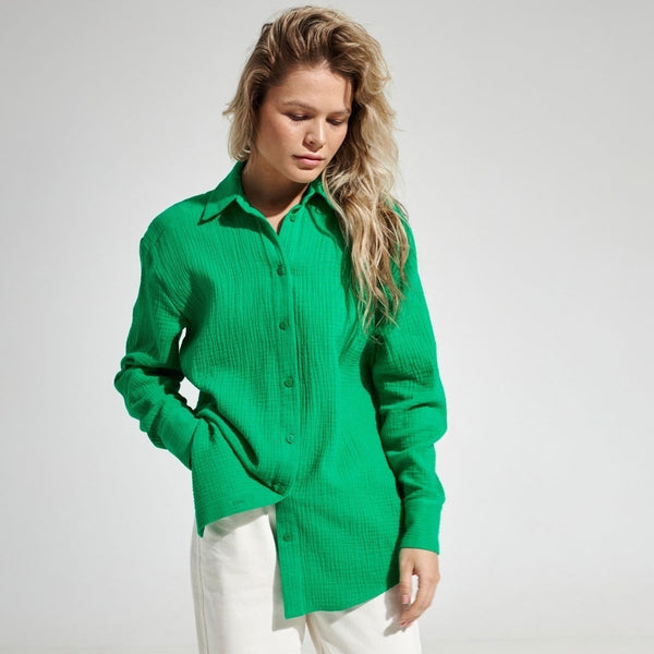 Athflow Style Collared Button Down Long Sleeve Crinkled Shirt - Dark Green
