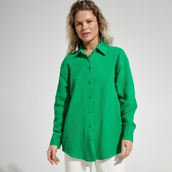 Athflow Style Collared Button Down Long Sleeve Crinkled Shirt - Dark Green