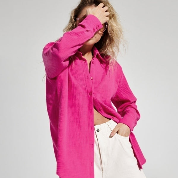 Athflow Style Collared Button Down Long Sleeve Crinkled Shirt - Hot Pink