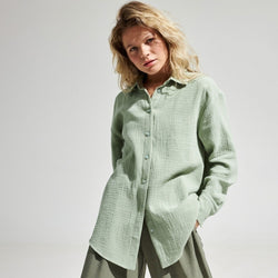Athflow Style Collared Button Down Long Sleeve Crinkled Shirt - Mint Green