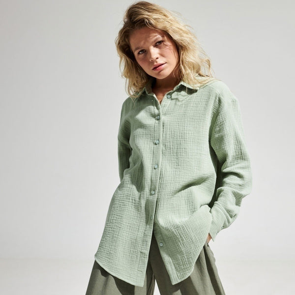Athflow Style Collared Button Down Long Sleeve Crinkled Shirt - Mint Green