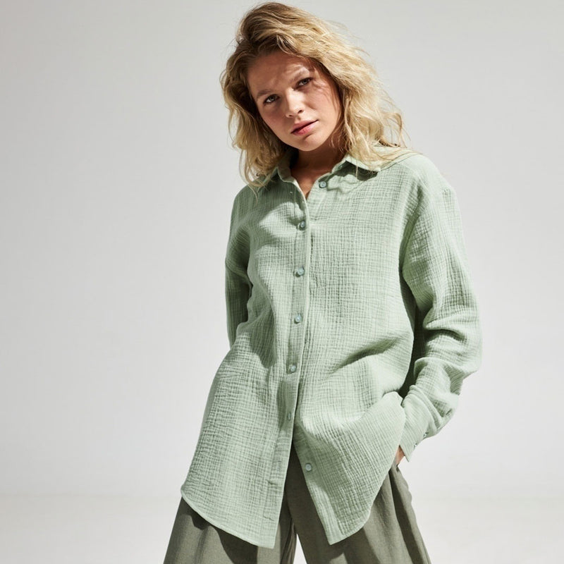Athflow Style Collared Button Down Long Sleeve Crinkled Shirt - Mint Green