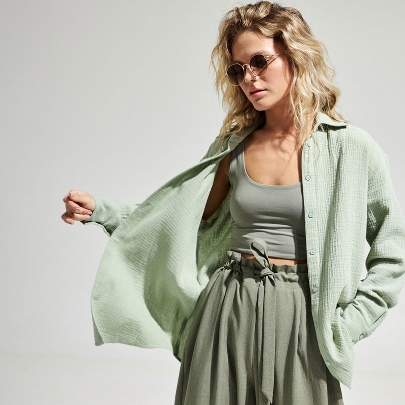Athflow Style Collared Button Down Long Sleeve Crinkled Shirt - Mint Green