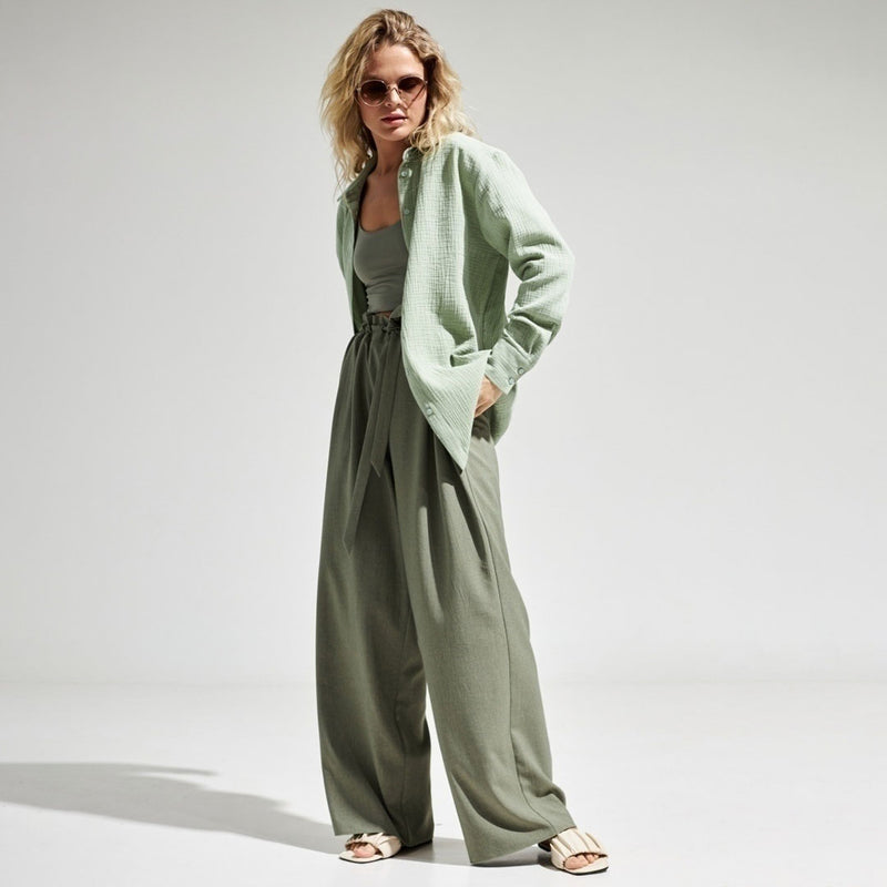 Athflow Style Collared Button Down Long Sleeve Crinkled Shirt - Mint Green