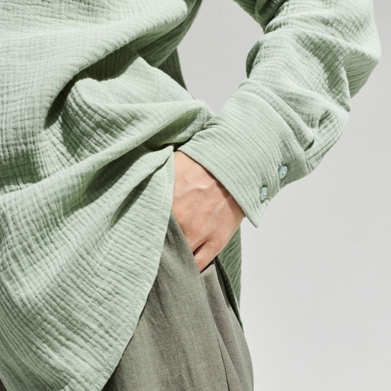 Athflow Style Collared Button Down Long Sleeve Crinkled Shirt - Mint Green