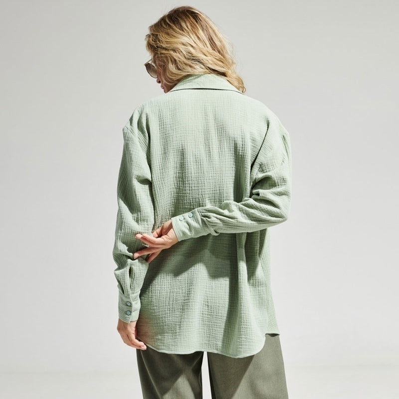 Athflow Style Collared Button Down Long Sleeve Crinkled Shirt - Mint Green