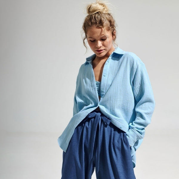 Athflow Style Collared Button Down Long Sleeve Crinkled Shirt - Sky Blue