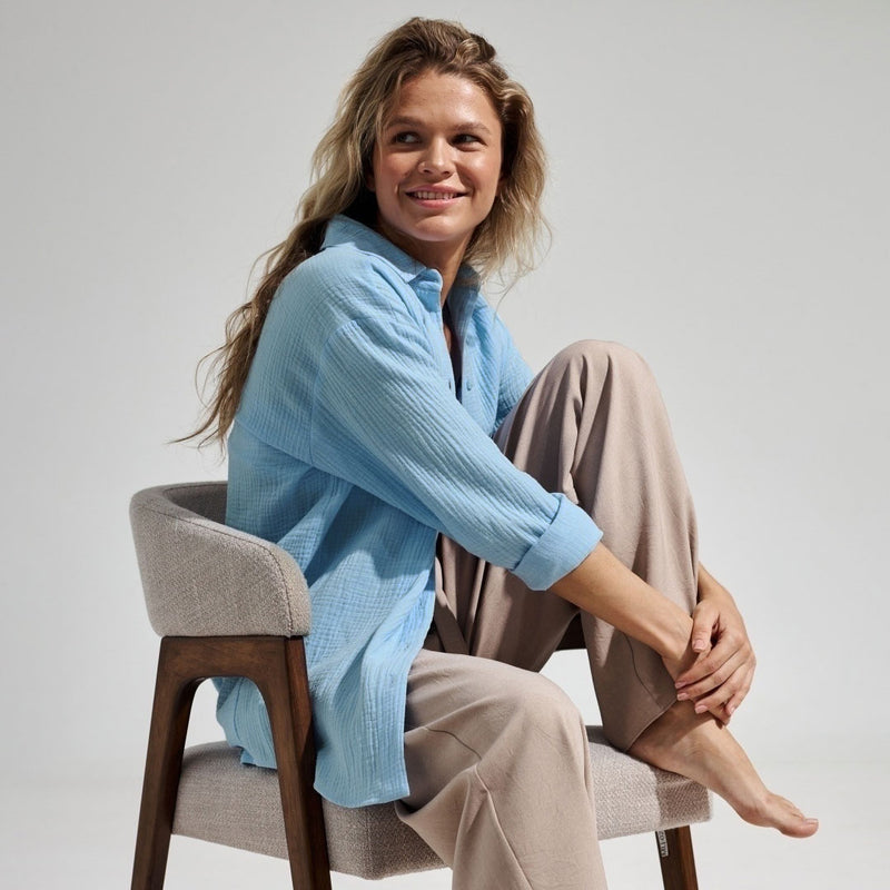 Athflow Style Collared Button Down Long Sleeve Crinkled Shirt - Sky Blue