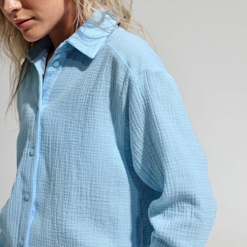Athflow Style Collared Button Down Long Sleeve Crinkled Shirt - Sky Blue