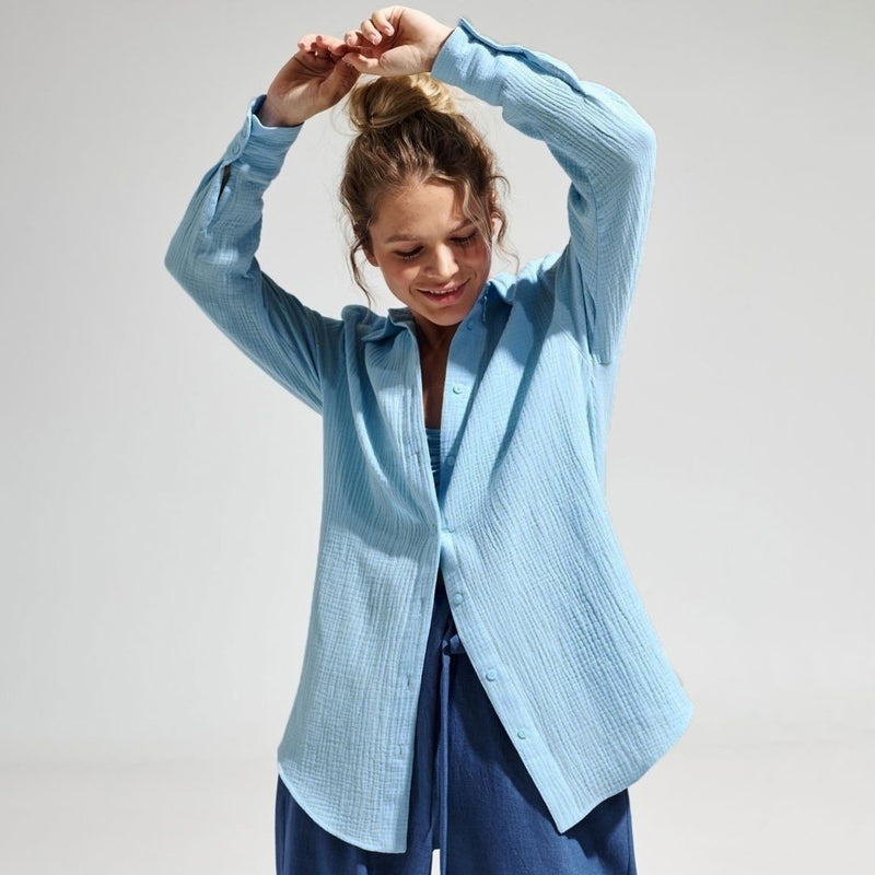 Athflow Style Collared Button Down Long Sleeve Crinkled Shirt - Sky Blue