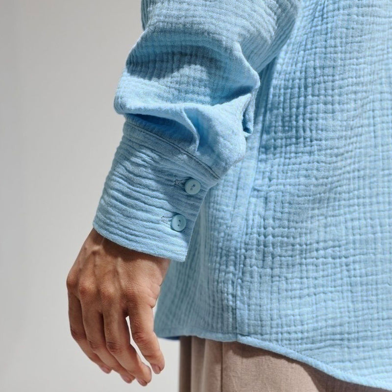 Athflow Style Collared Button Down Long Sleeve Crinkled Shirt - Sky Blue
