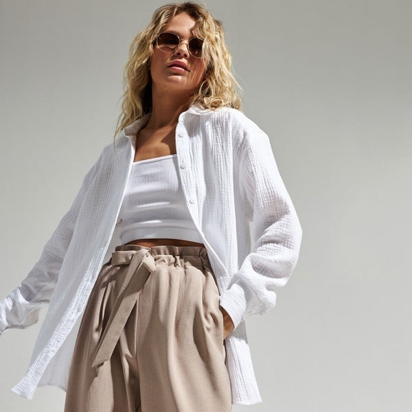 Athflow Style Collared Button Down Long Sleeve Crinkled Shirt - White