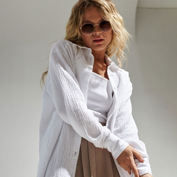 Athflow Style Collared Button Down Long Sleeve Crinkled Shirt - White