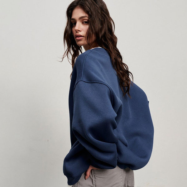 Athletic Oversized Drop Shoulder Winter Pullover Sweatshirt - Navy Blue