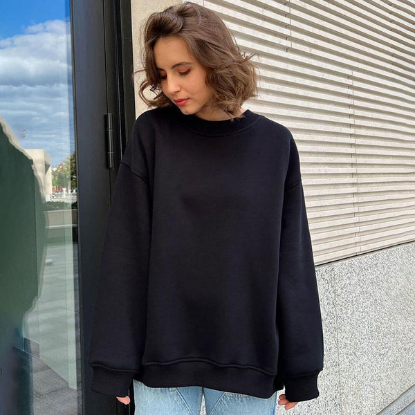 Athletic Oversized Drop Shoulder Winter Pullover Sweatshirt - Black