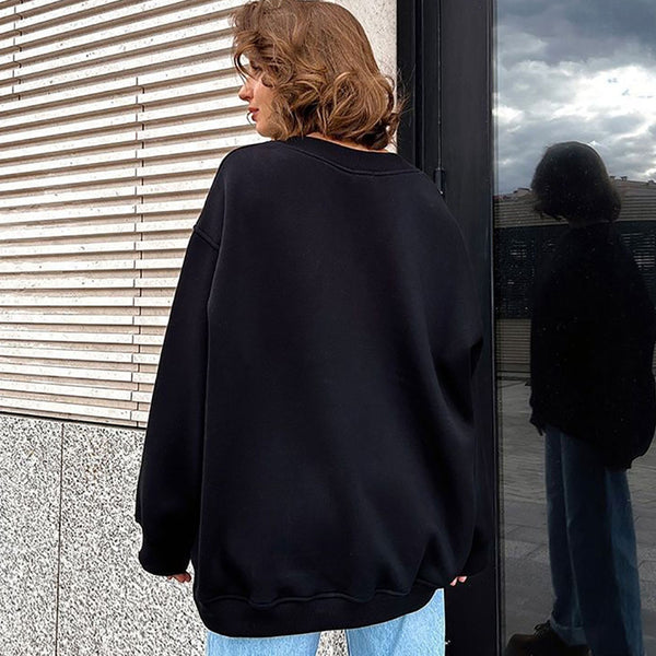 Athletic Oversized Drop Shoulder Winter Pullover Sweatshirt - Black