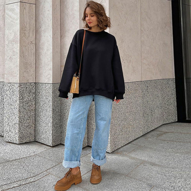 Athletic Oversized Drop Shoulder Winter Pullover Sweatshirt - Black