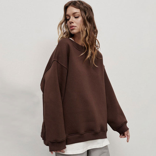 Athletic Oversized Drop Shoulder Winter Pullover Sweatshirt - Coffee