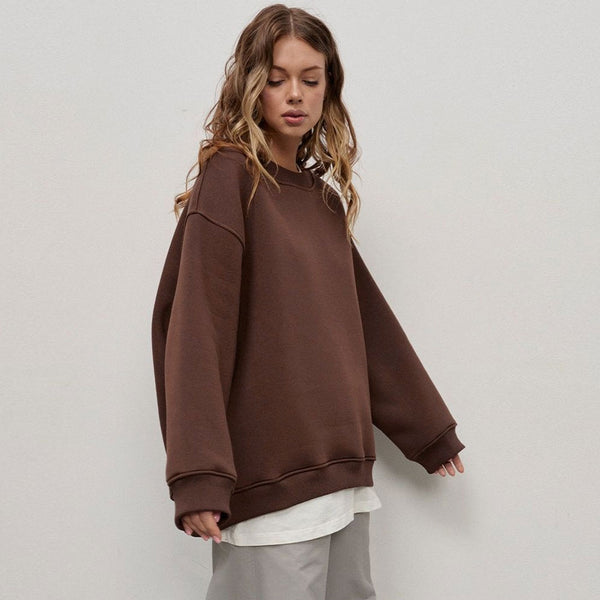 Athletic Oversized Drop Shoulder Winter Pullover Sweatshirt - Coffee
