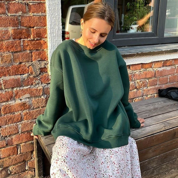 Athletic Oversized Drop Shoulder Winter Pullover Sweatshirt - Dark Green