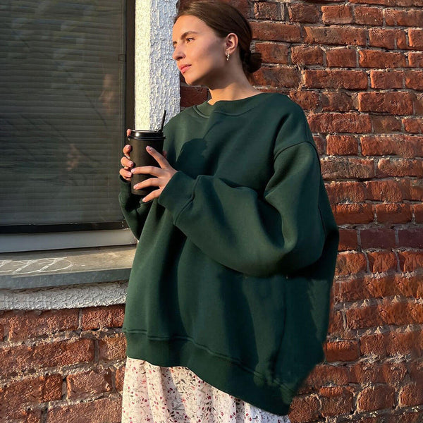 Athletic Oversized Drop Shoulder Winter Pullover Sweatshirt - Dark Green