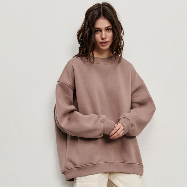 Athletic Oversized Drop Shoulder Winter Pullover Sweatshirt - Light Brown